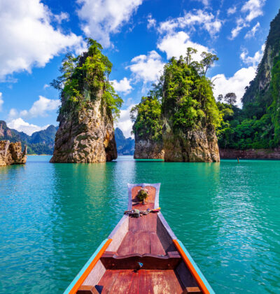 Beautiful mountains in Ratchaprapha Dam at Khao Sok National Park, Surat Thani Province, Thailand.